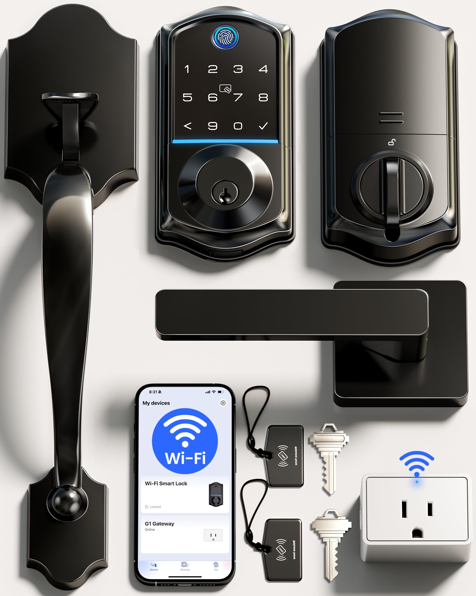 Photo 1 of Veise VE017G-H Wi-Fi Smart Fingerprint Front Door Lock Set, Remote App Control, Keyless Entry Deadbolt with Handle, Backlit Keypad, IP55 Weatherproof, Auto Lock, Easy to Install, Matte Black