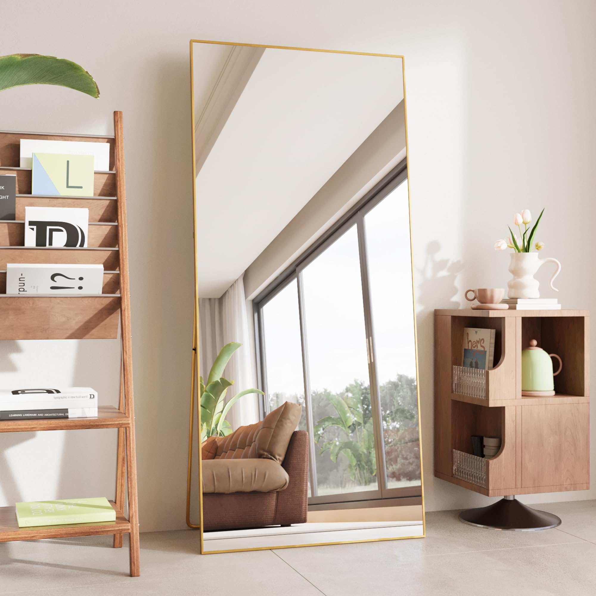 View 1 of FANYUSHOW Full Length Mirror, Standing Hanging or Leaning Body Mirror, Simple Rectangle Design, Aluminum Alloy Thin Frame, Floor Mirror for Bedrooms, Bathrooms, Living Room 63"x19" (Gold)