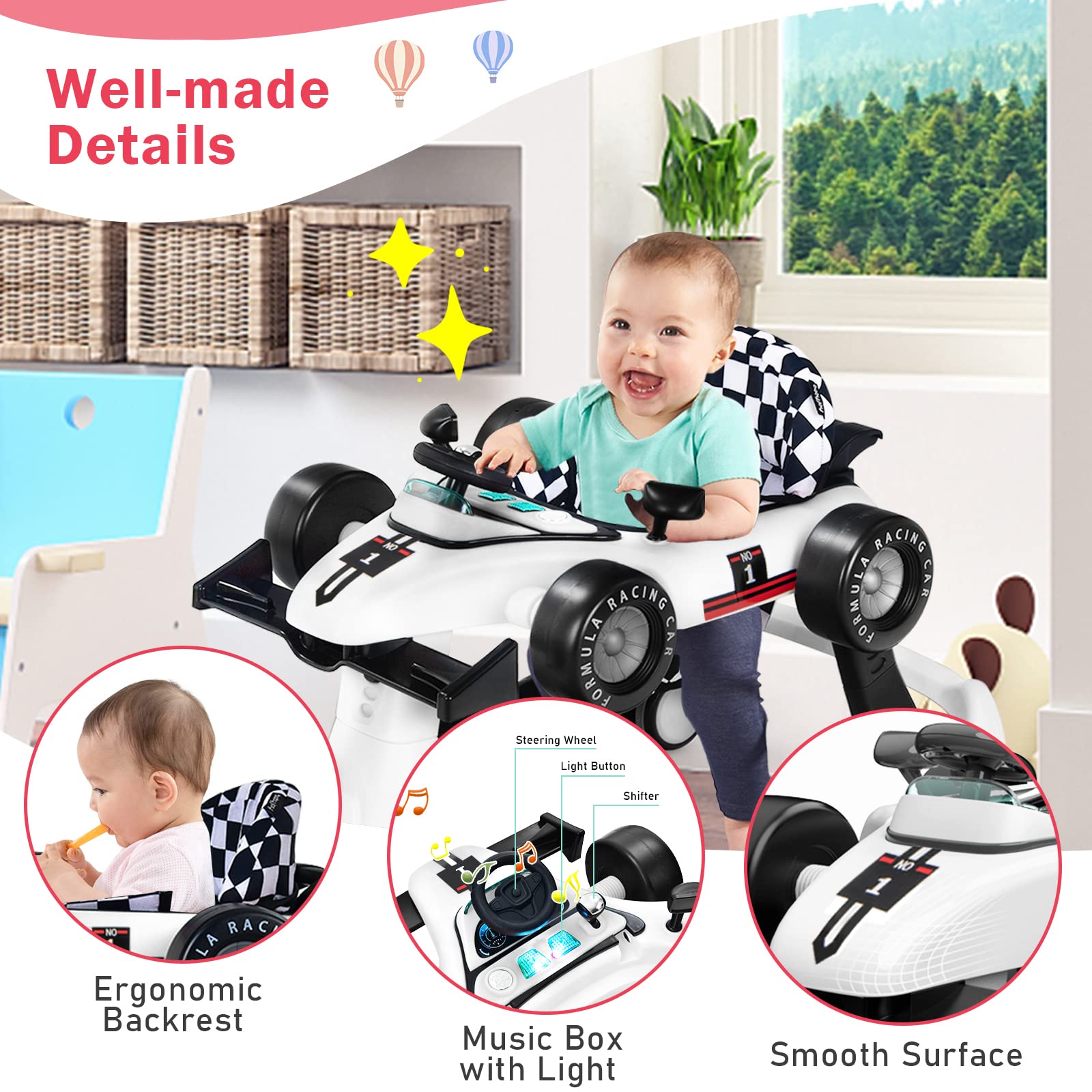 BABY JOY 4-in-1 Baby Walker, Foldable Activity Walker with Adjustable Height & Speed, Music, Lights, Anti-Rollover, Toddler Push Walker, Baby Walker with Wheels for Boys Girls 6-18 Months (White)