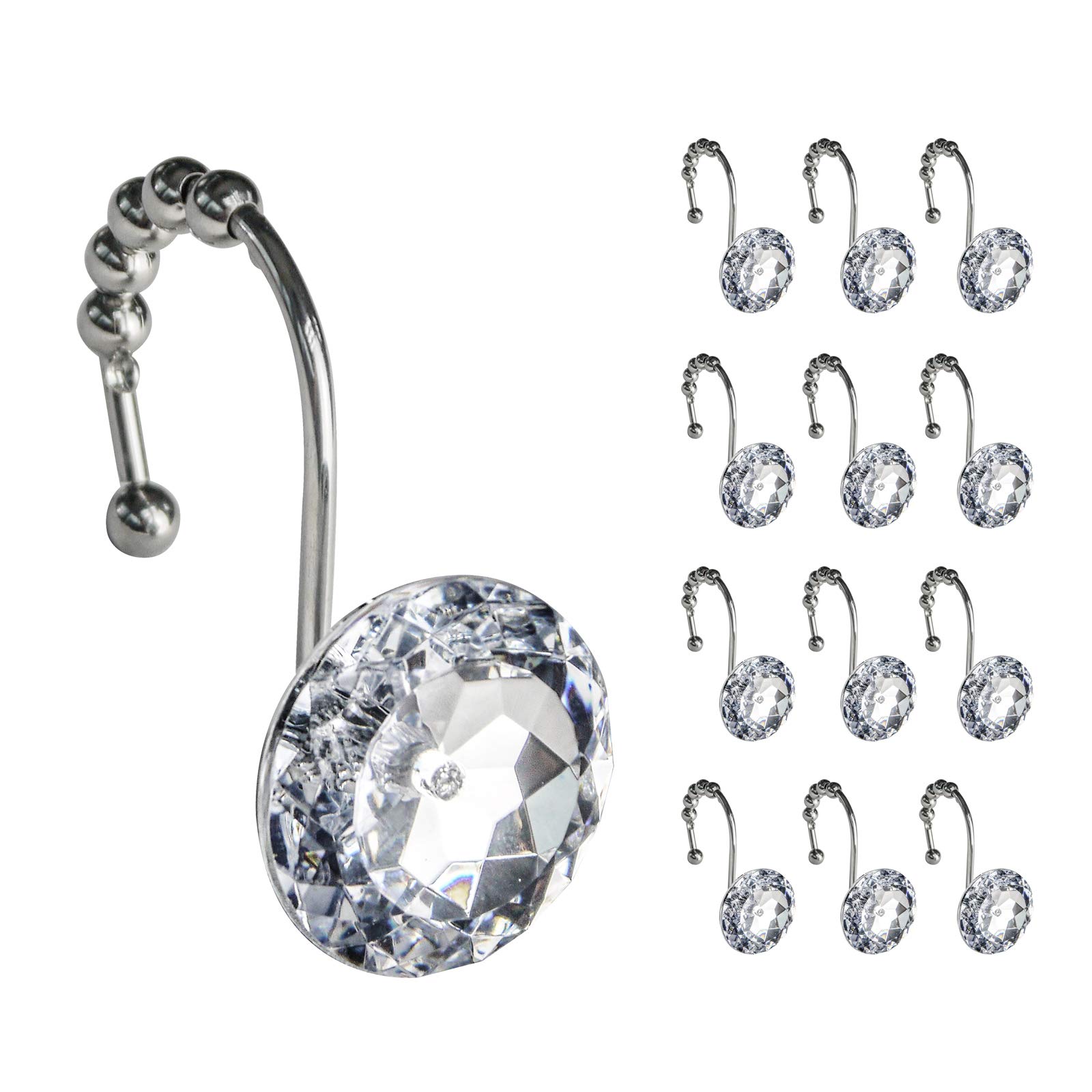 Sunlit Luxury Design Round Clear Diamond Crystal Gem Bling with Glide Balls Shower Curtain Hooks, Rust Proof Metal Rhinestones Glam Shower Curtain Rings-12 Pack, White Round Diamond (SCH001)