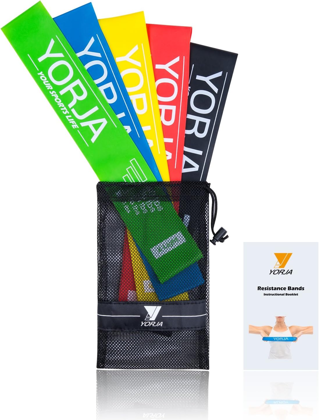 Resistance Loop Bands for Legs and Butt,YORJA Elastic Exercise Bands with Handy Mesh Bag,Booklet,Online Video,Set of 5 Levels,for Home Workout,Gym Fitness,Building Beachbody