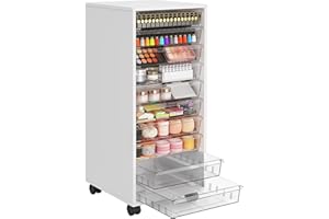 WOPITUES Storage Drawer Cart, Mobile Storage Cabinet, Makeup Storage with 10 Large Clear Drawers, Utility Wooden Rolling Cart on Wheels, for Cosmetic, Art Craft, Office Supplies, Toy, White