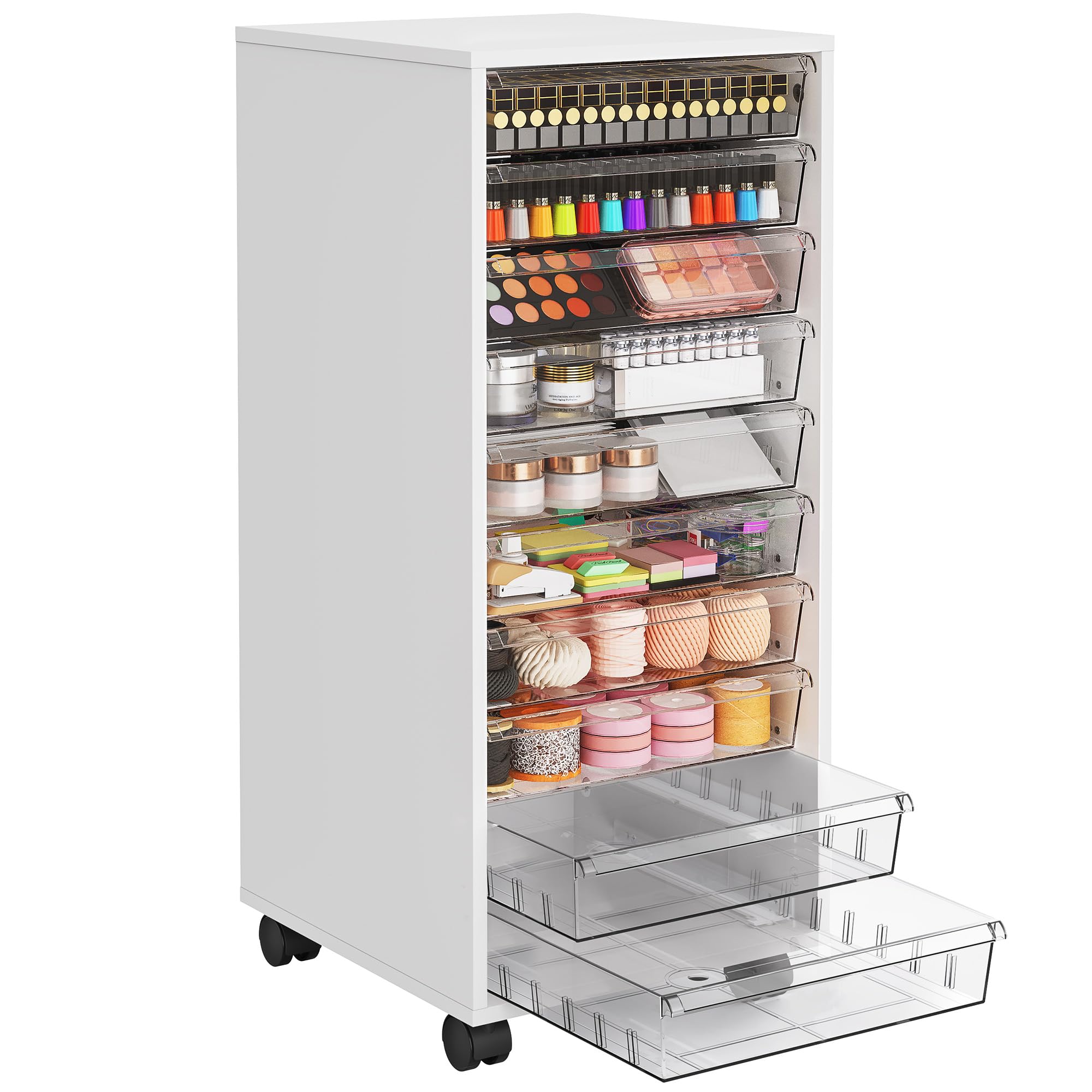 Photo 1 of WOPITUES Storage Drawer Cart, Mobile Storage Cabinet, Makeup Storage with 10 Large Clear Drawers, Utility Wooden Rolling Cart on Wheels, for Cosmetic, Art Craft, Office Supplies, Toy, White