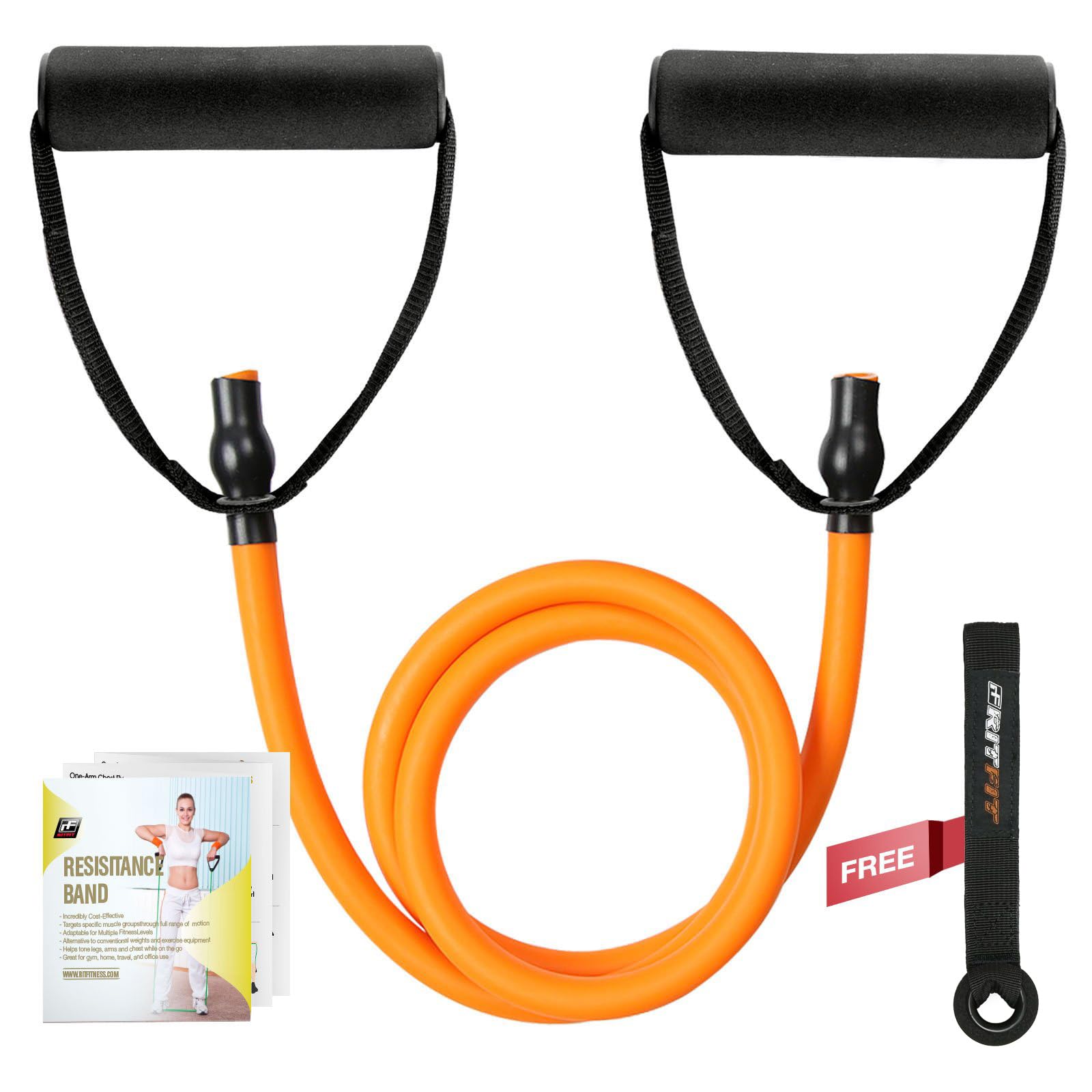 RitFit Single Resistance Exercise Band With Comfortable Handles - Ideal for Physical Therapy, Strength Training, Muscle Toning - Door Anchor and Starter Guide INCLUDED (Orange)