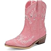 Krypthixor Rhinestone Ankle Cowboy Boots for Women Embroidered Short Cowgirl Boots with Low Heel Side Zipper Comfortable Chunky Heel Western Booties for Prom Party Wedding Pull On Shoes