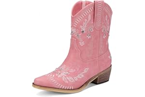 Krypthixor Rhinestone Ankle Cowboy Boots for Women Embroidered Short Cowgirl Boots With Low Heel Side Zipper Comfortable Chunky Heels Western Booties For Prom Party Wedding Pull On Shoes