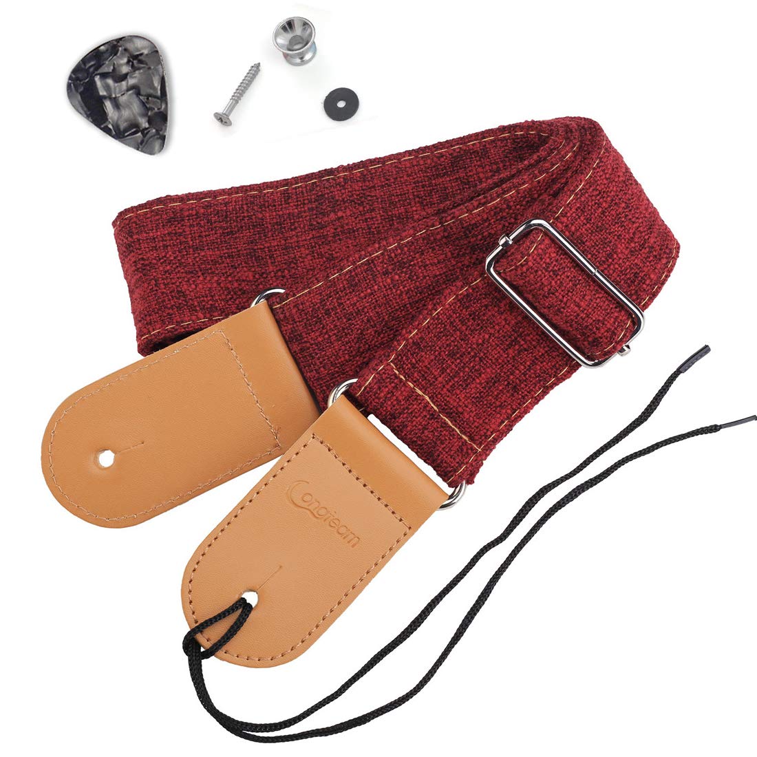 Longteam Simple Linen Leather Guitar Strap Adjustable Length Durable Electric Guitar Bass Straps with Nail, Rope, Picks (Red)