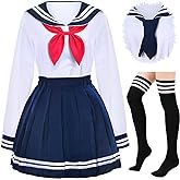 Japanese School Girls Uniform Sailor Navy Blue Pleated Skirt Anime Cosplay Costumes with Socks Set(SSF13)