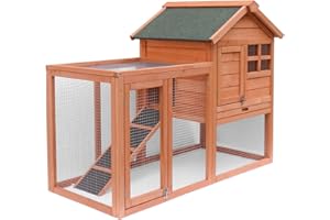 EMKK Rabbit Hutch Indoor Bunny Cage Outdoor Wooden Rabbit House with Wheels, Ramp, Waterproof Roof, Deep No Leak Pull Out Tray,Bunny Hutch Rabbit Cage on Wheels
