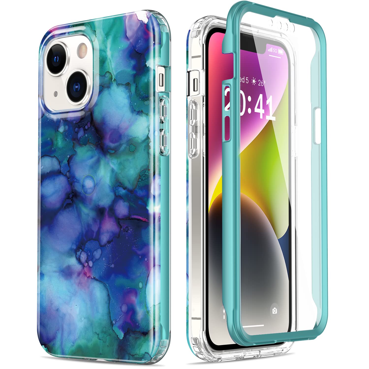 Esdot for iPhone 14 Case with Built-in Screen Protector,Military Grade Rugged Cover with Fashionable Designs for Women Girls,Protective Phone Case 6.1" Opal Marble Purple