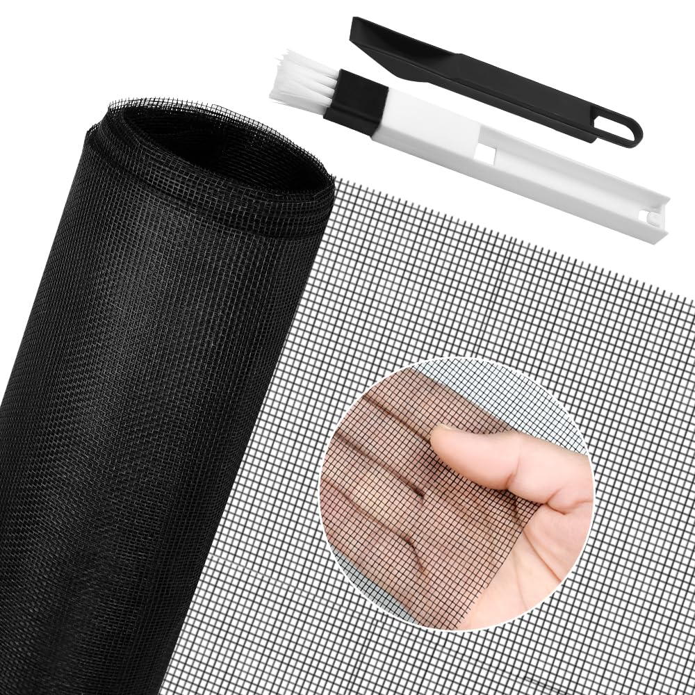BUZIFU Window Screen Mesh 150 x 500cm Fiberglass Screen Fly Screen Wire Mesh Insect Mesh Replacement Cuttable Mosquito Net Pet Screen with Cleaning Brush for Windows Doors Patio, Cat-Proof, Black