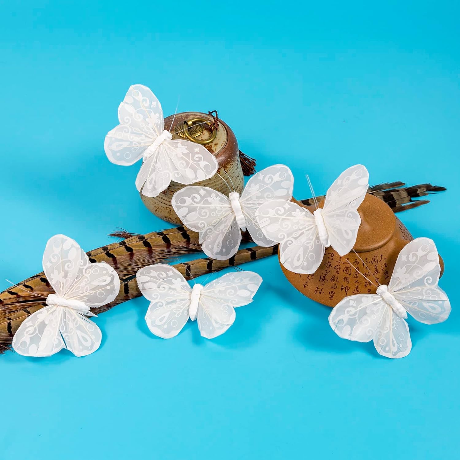 YCHTEWY Feather Butterfly Decoration on Picks, Floral Supplies, Set of 12 Pieces, with Wire, White Butterflies, Butterflies for Flower Arrangements (A)