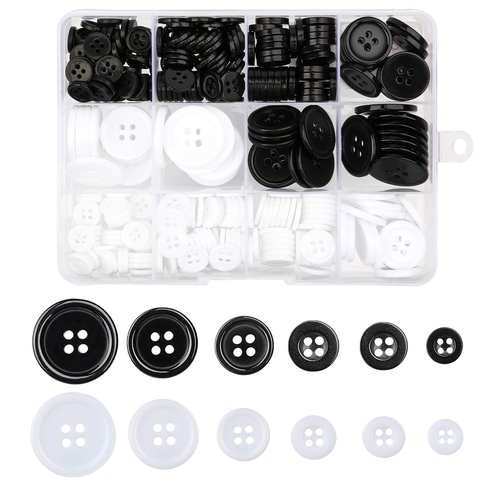 Ysimple 336Pcs Black and White Round Resin Buttons - 6 Sizes, 4-Hole Craft Button with Storage Box for Sewing Suit Coat, DIY Decoration, Crafting Handmade