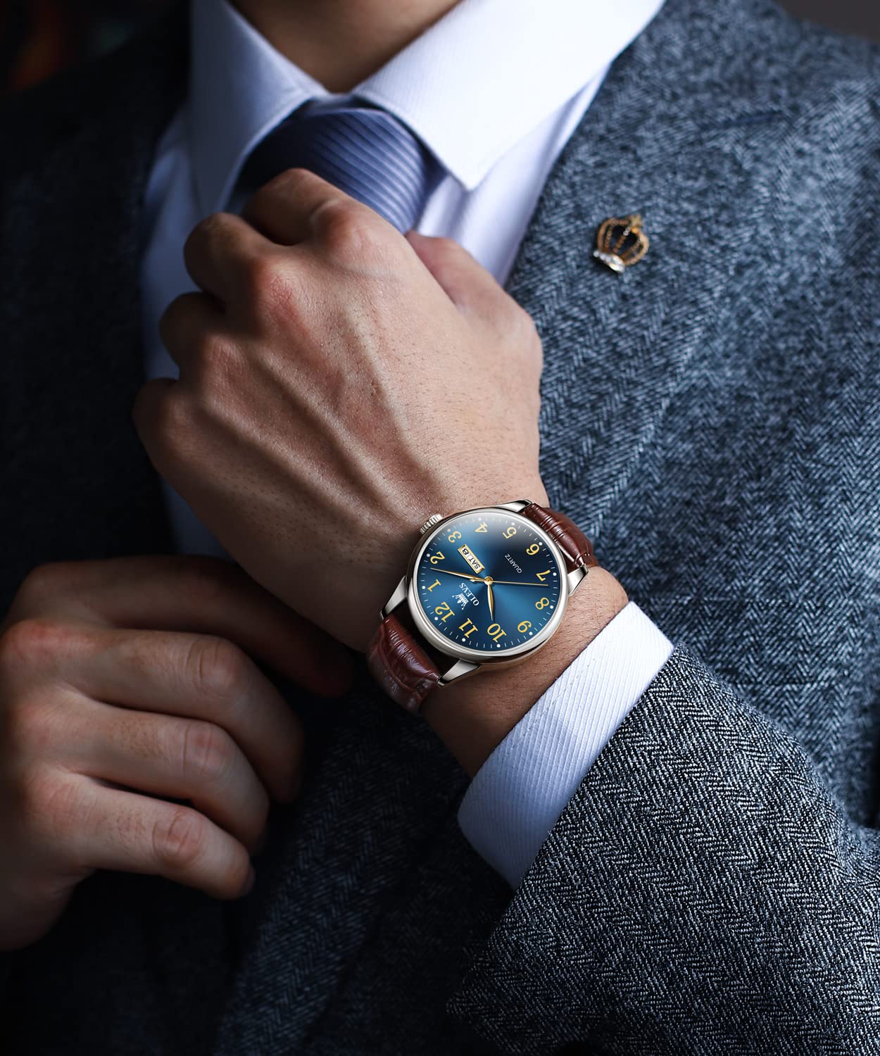 OLEVS Mens Watches with Leather Band Dress Vintage Classic Easy Reader Arabic Numerals Analog Quartz Waterproof Date and Day Blue/Black/White Large Face Men's Wrist Watches