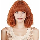Gerulyss Short Ginger Bob Wig for Women Wavy Shoulder Length Auburn Wig with Bangs Copper Red Synthetic Costume Wig for Halloween,Cosplay,Daily Use