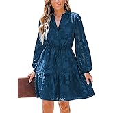 CUPSHE Women Ruffle Lace Mini Fall Dresses Semi Formal Wedding Guest Dress V Neck Long Puff Sleeve Elastic Waist Tie