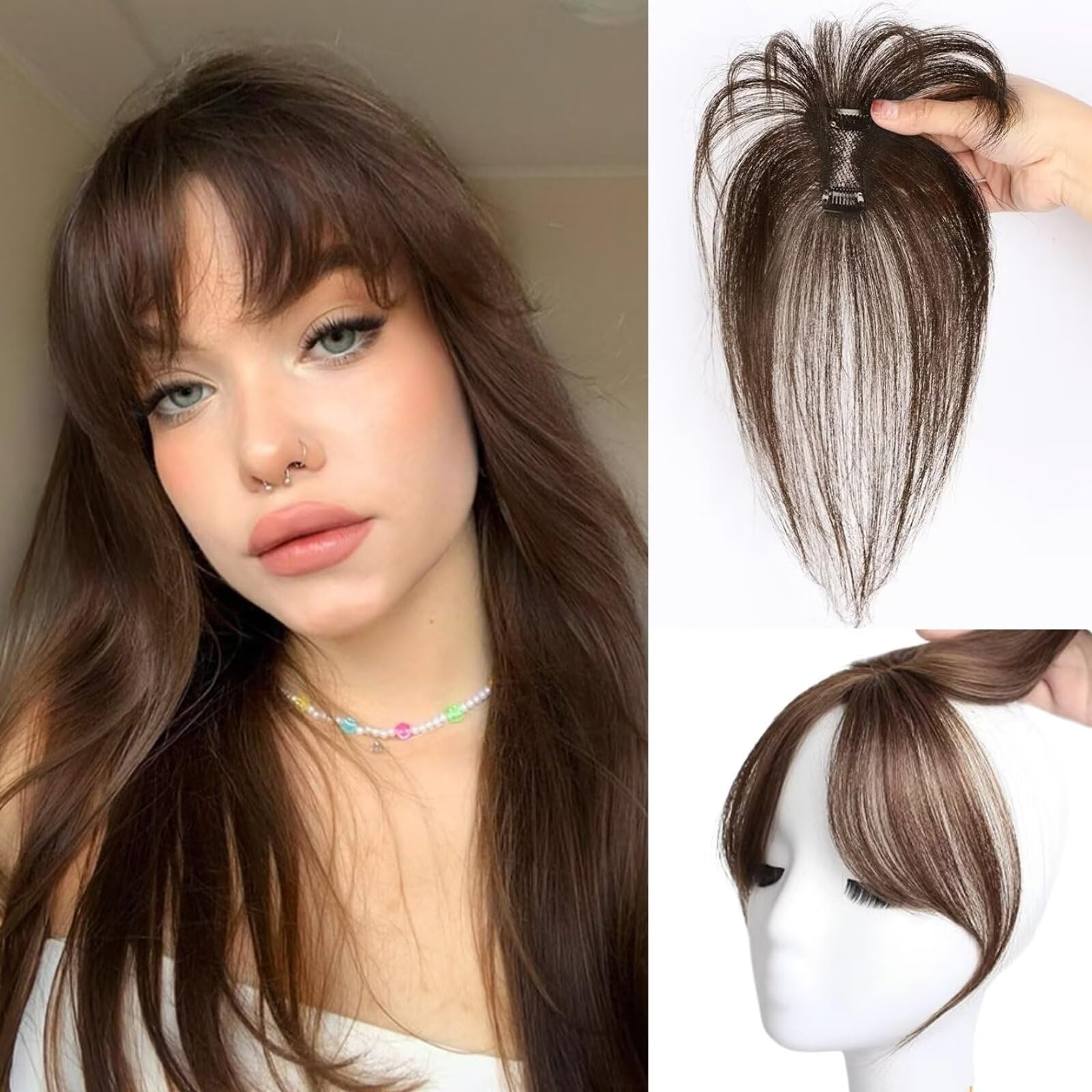 RUNRAYAY Clip in Bangs, 100% Human Hair Clips in Bangs, Fake Bangs Full Fringe with Temples Hairpieces for Women Daily Wear - Light Brown