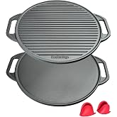 Kookantage 16 Inch Round Reversible Griddle, Pizza Pan, one Side Ribbed, The Other Side Flat with Free Silicone Handles&ndash; Pre-Seasoned Kitchen Essentials for Pizza, Baking, Grill, BBQ, Stove Oven Safe