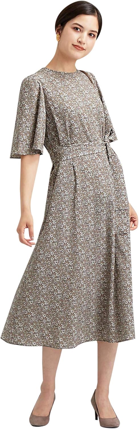 Amazon Co Jp グリーンレーベルリラクシング Ffc プリント パフ スリーブ 五分袖 ワンピース 2300 レディース ベージュ 23 Free Size ファッション