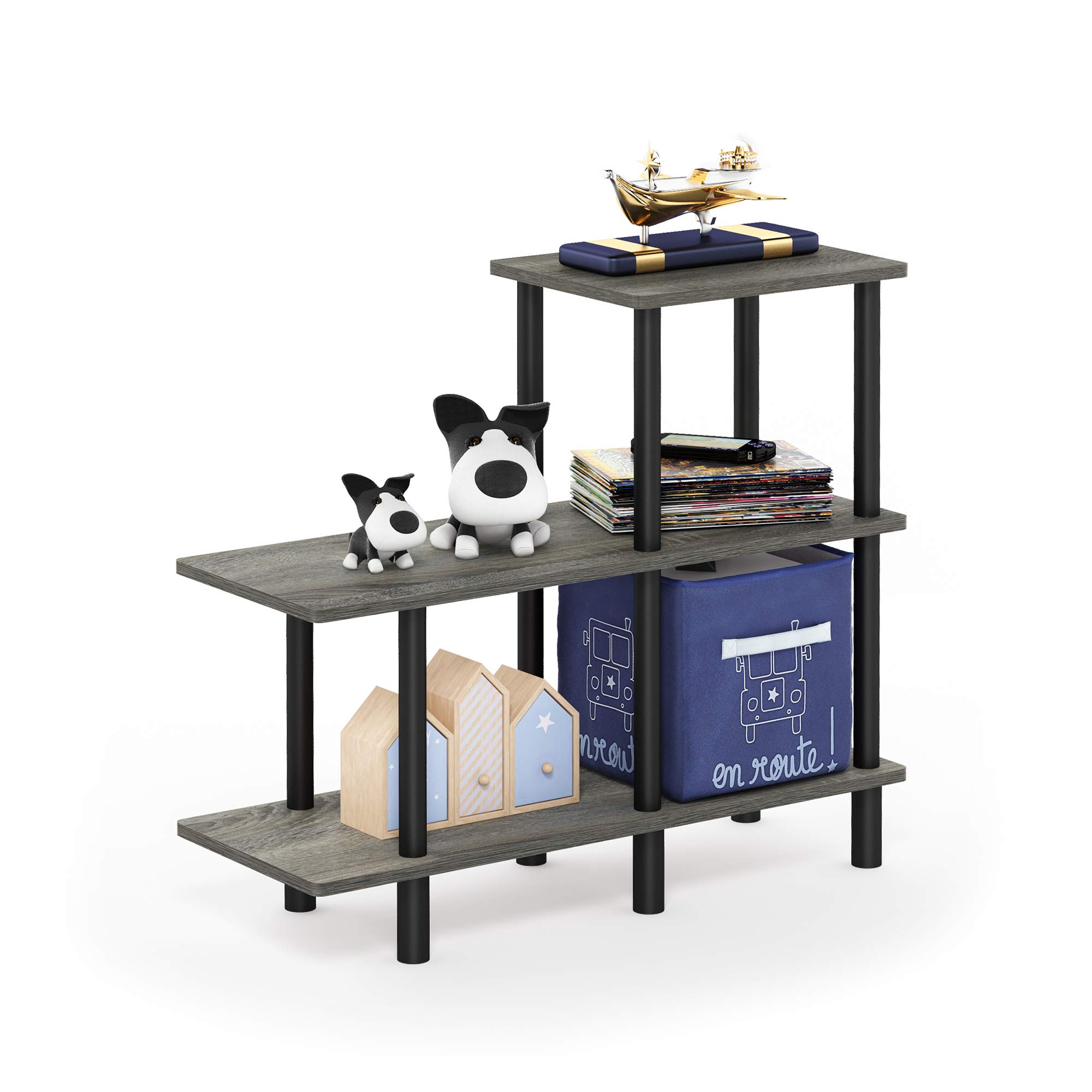 Furinno TURN-N-TUBE Storage Shelves, 3-Tier Ladder Book Shelf, Accent Display Shelf, Toolless Open Shelves, Round Tubes, for Organization and Storage, Living Room, Garage, Home Office, French Oak