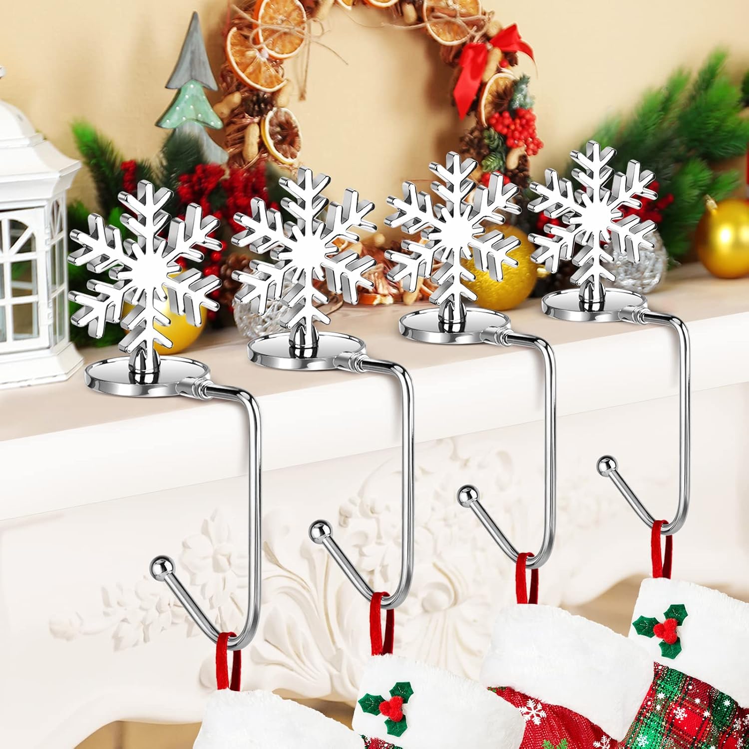 Stockings & Holders - Christmas Stocking Holders for Mantle, Snowflake Stocking Holder Set of 4, Rotatable Fireplace Stocking Hangers for Christmas Decoration (Snowflake)
