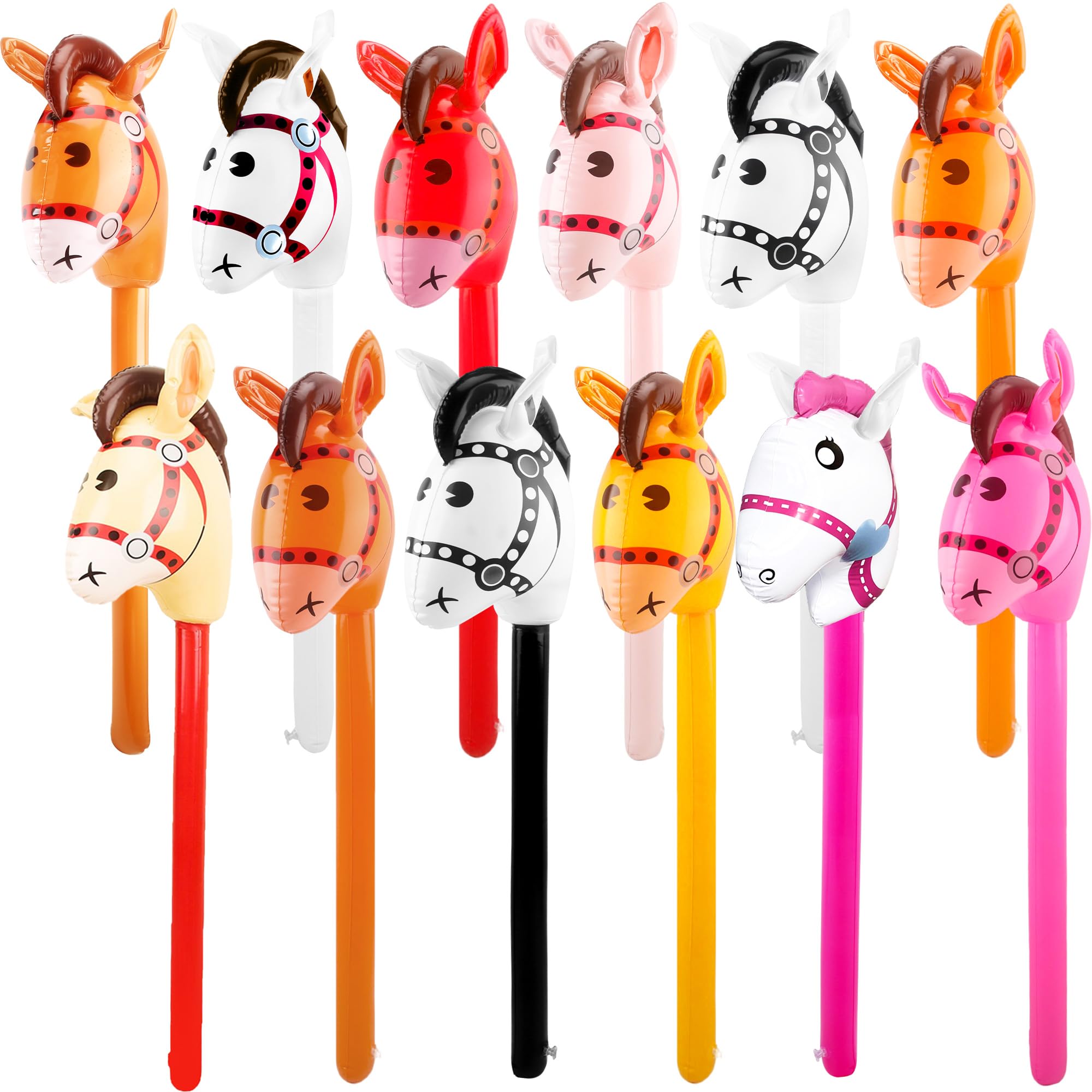 12 Pack 40 Inch Inflatable Stick Horse Colorful Blow Up Horse Head Stick Inflatable Horsehead Stick Balloon