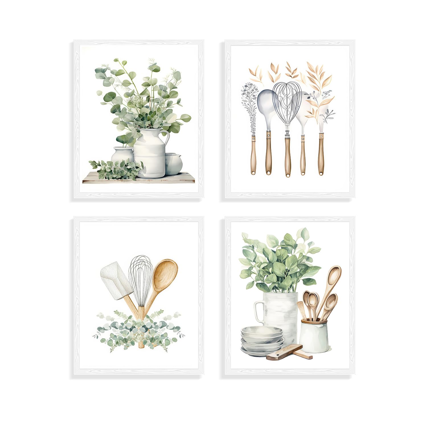 Dazzlewall 4 PCS Botanical Kitchen Wall Art Poster Sage Green Eucalyptus Leaves Prints, Boho Plant Wall Pictures for Kitchen Dining Room Decor 8x10 in Unframed