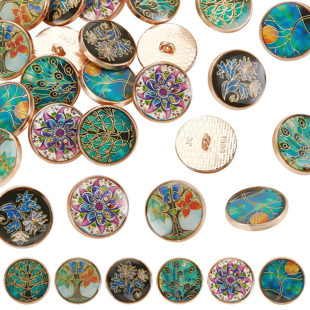 OLYCRAFT 24Pcs 6 Styles Alloy Enamel Shank Buttons Plant Theme Metal Blazer Buttons 20x8mm Flower Tree Vintage Shank Button Round Sewing Shank Button for Blazer Suits Coat Uniform and Jacket
