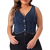 Agnes Orinda Plus Size Denim Vest for Women Sleeveless V Neck Button Down Casual Jean Waistcoat Jacket