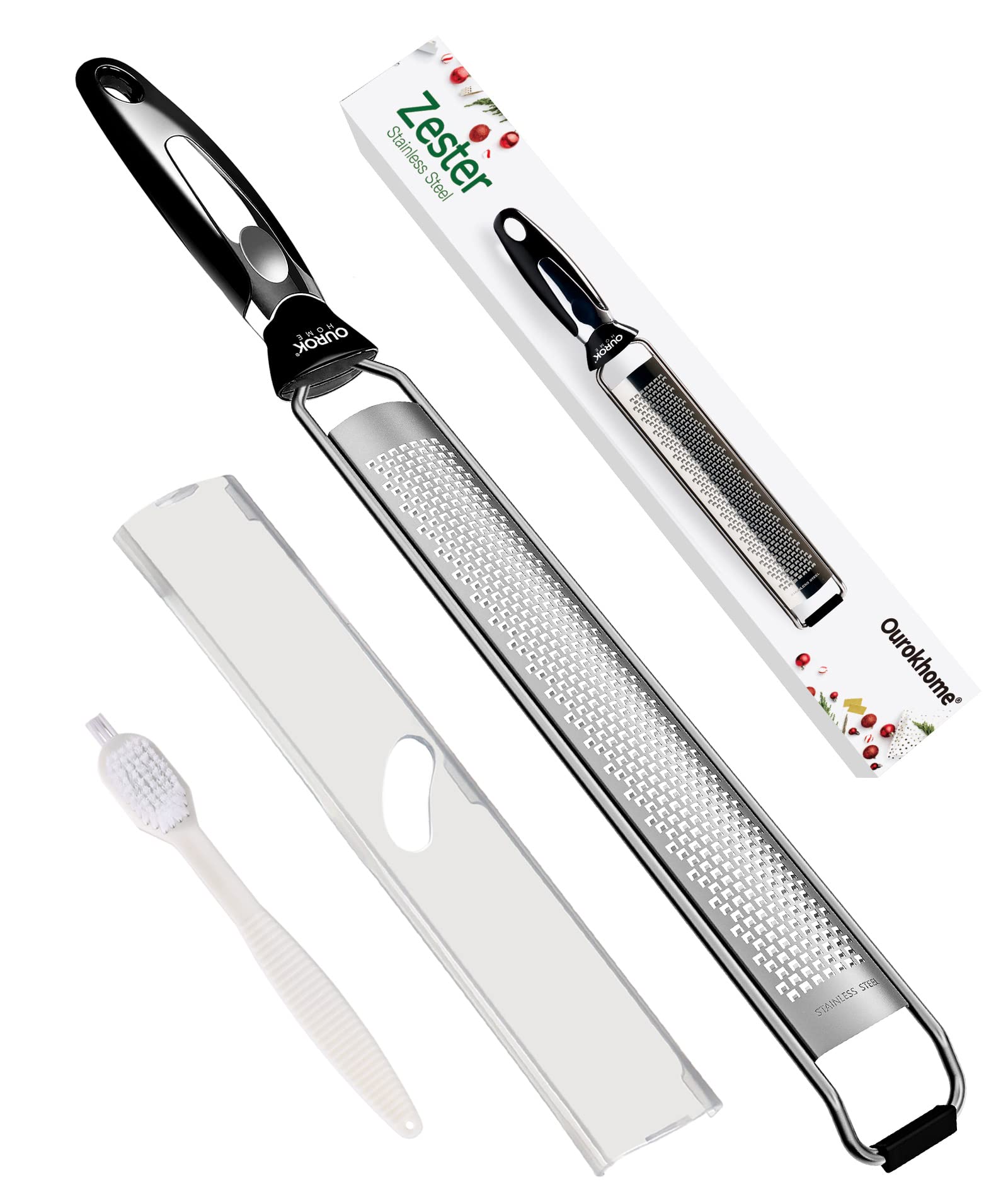 Ourokhome Kitchen Lemon Zester, Stainless Steel Hand Held Parmesan Cheese Grater for Ginger, Chocolate, Coconut, Lime, Nutmeg, Citrus, Fruit, Vegetable with Cleaning Brush, Dishwasher safe, Black