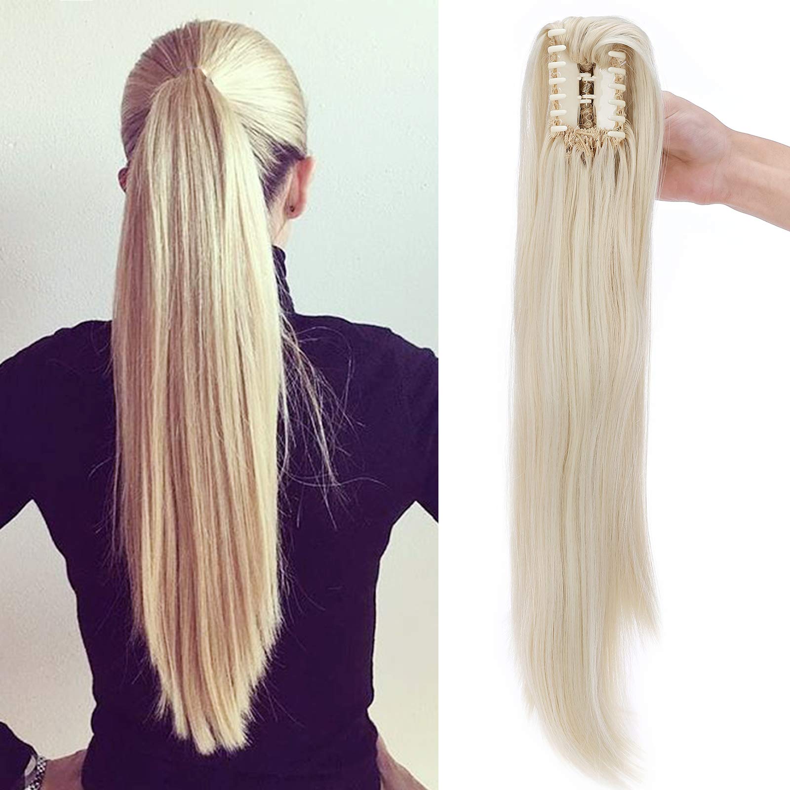 22" Claw On Ponytail Extensions Slightly Wavy Tails Clip In Hairpieces Long Curly Ponytail Synthetic For Women Ladies, Bleach Blonde