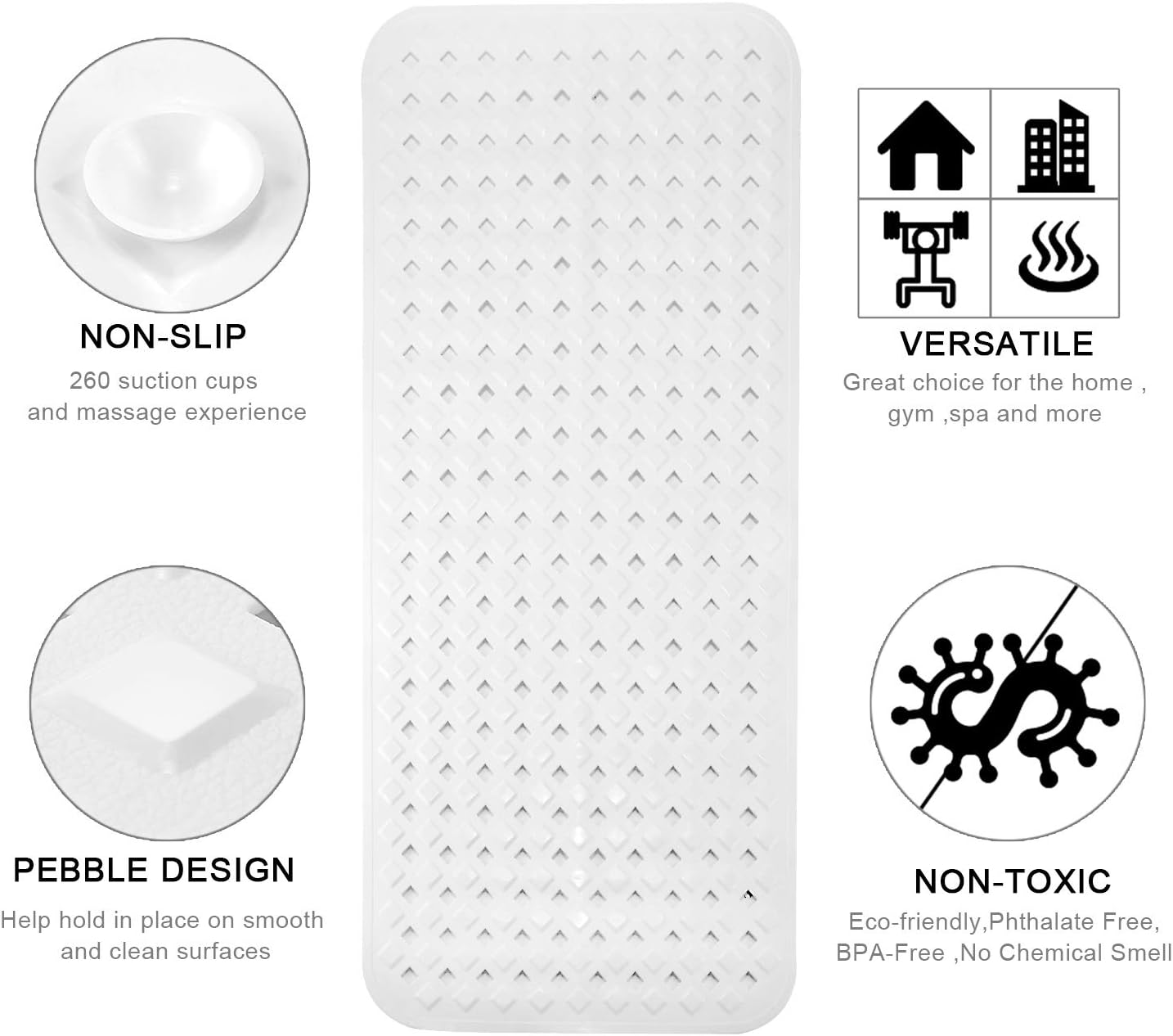 YINENN Bath Tub Shower Mat 27.7x15.7 Inch Non-Slip and Phthalate Latex Free,Bathtub Mat with Suction Cups,Machine Washable Bathroom Mats with Drain Holes (White): Health & Personal Care
