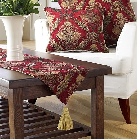 Shiraz Table Runner Burgundy Red And Gold Embroidered Damask Jacquard Non Slip Lining Tasselled 100 Polyester 33 X 230cm 13 X 91
