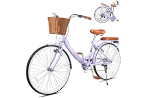 EISYROOD 26Inch Foldable Women Bike, Womens Folding Bike with Basket, 7 Speed Beach Cruiser Fodable Bike for Women with Cushion, V-Brakes, Quick Install for Adults, Womens (Purple)