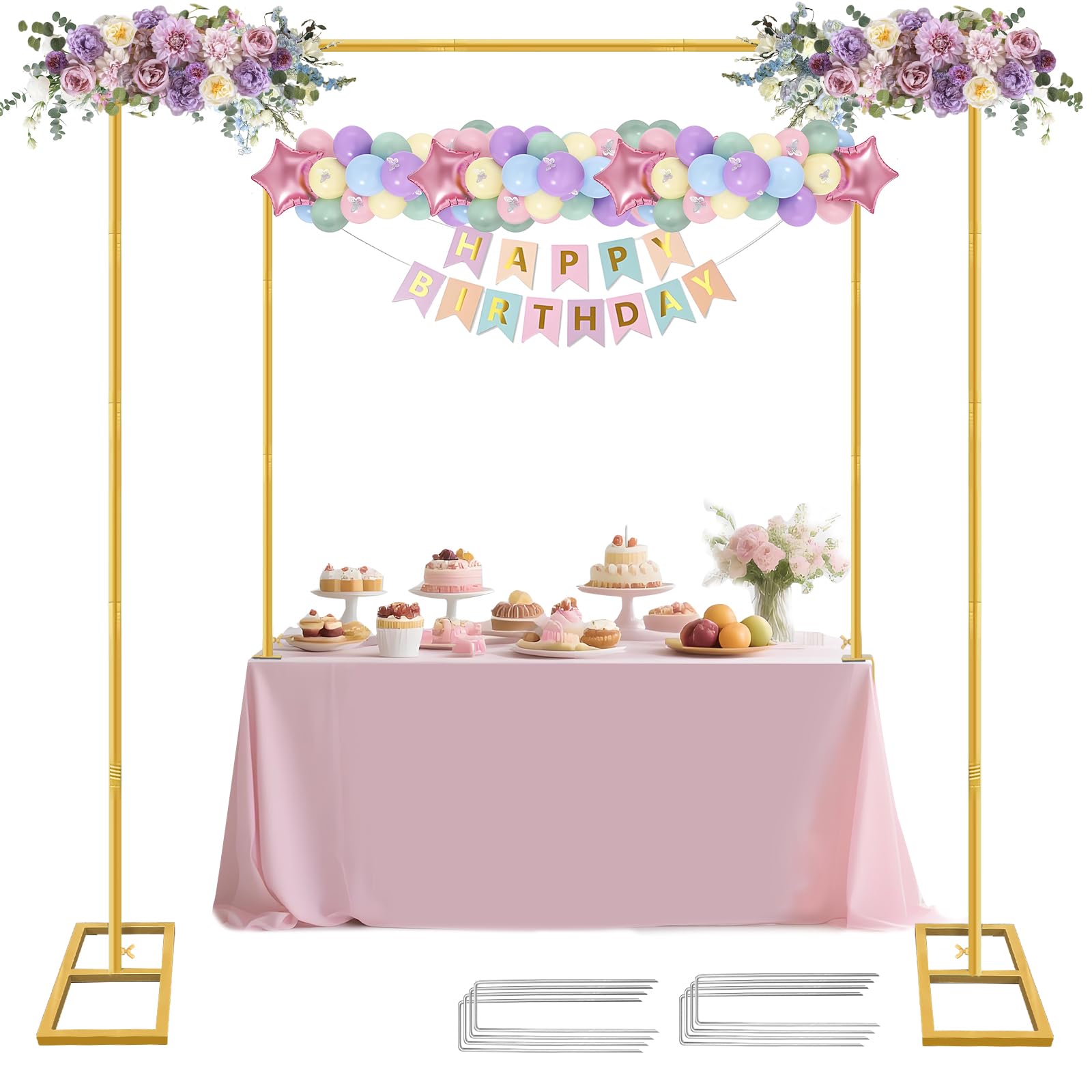 Photo 1 of JEBUTU Square Backdrop Stand, Wedding Arch Heavy Duty Adjustable Stand, Over The Table Rod Stand with Clamps, Metal Gold Garden Balloon Frame for Baby Shower Party Decoration