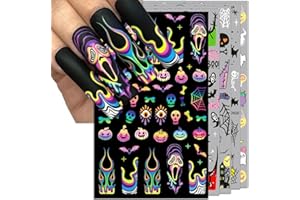 IDDFEVE Halloween Nail Art Stickers, Gradient Pumpkin, Horror Mask Nail Decals, 3D Self-Adhesive Spider-Web Bat Design for DIY Nail Supplies Decoration (5 Sheets)