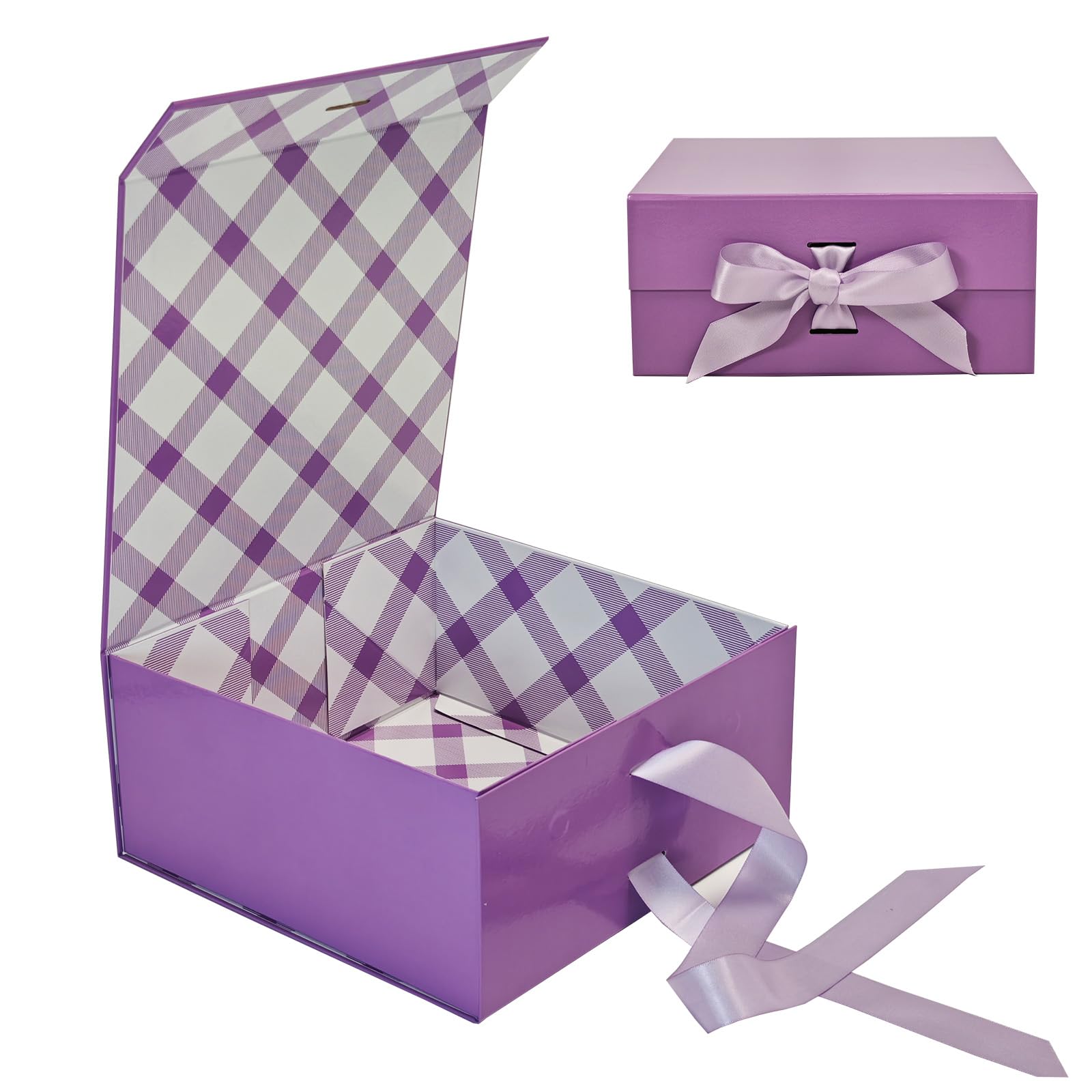 Tekhoho Purple Gift Box 22x22x10cm, Premium Present Box with Magnetic Lid and Ribbon for Holidays Wedding Birthday Gift Packaging, Plaid Lining