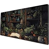 Desk Mat Green Bonsai Library Book Mouse Pad Big Vintage Aesthetic Desk Pad Flower Plant Extended Mouse Pad Large Gaming Mousepad XXL Keyboard Mouse Mat Desktop Mat Office Desk 31.5 X 11.8 in