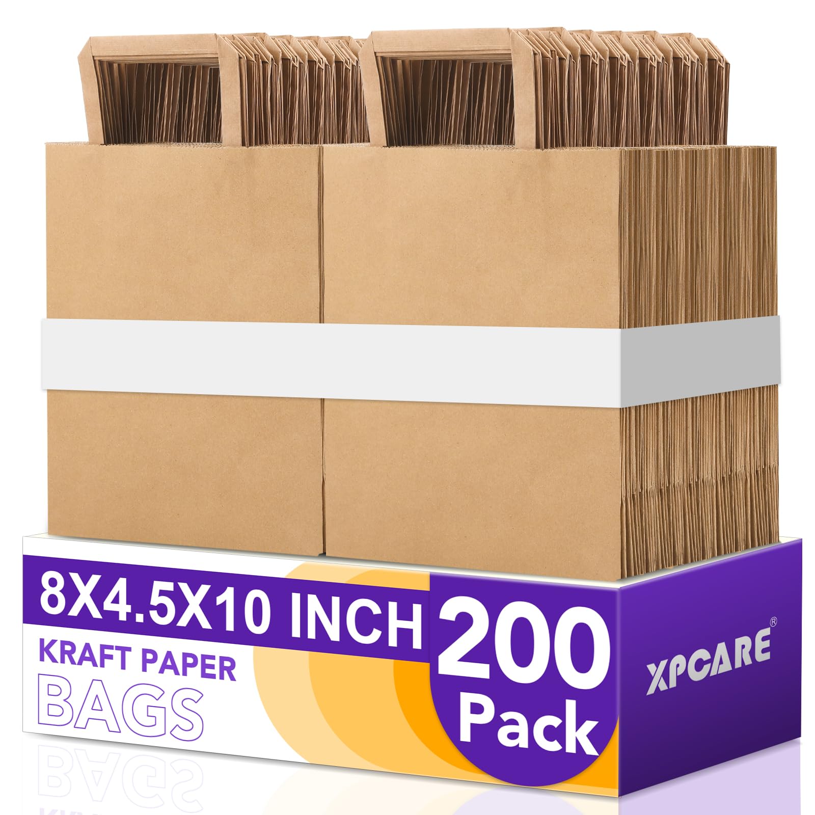 XPCARE 200 PCS Brown Paper Bags,8x4.5x10 Inch Brown Paper Bags with Handles,Medium Gift Bag Bulk,Retail,Birthday,Party Favors,Shopping,Wedding Image