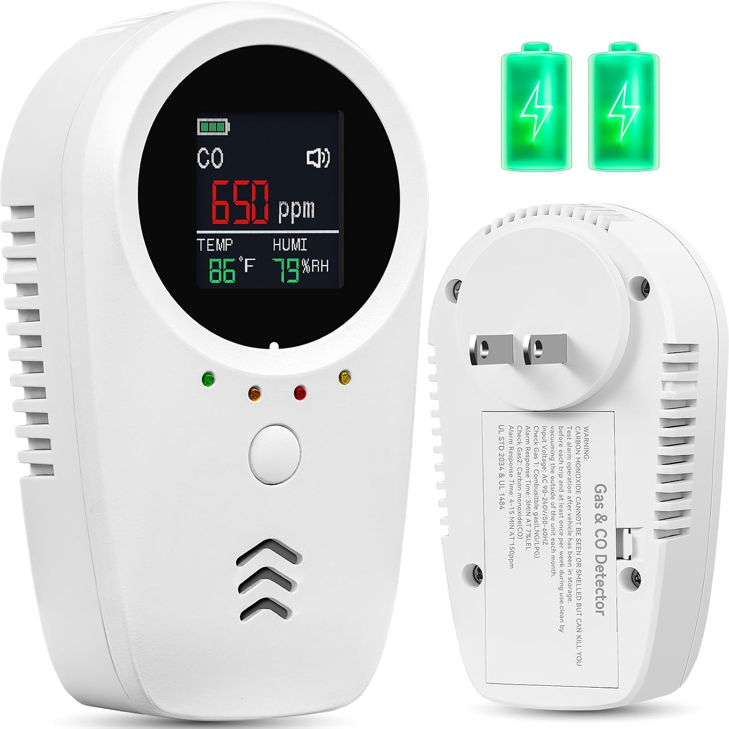5-in-1 Carbon Monoxide Detectors,Plug-in Gas Detector with Rechargeable Backup Battery,Monitoring CO Natural Gas Temperature and Humidity Sound Light Alarm Detector,LCD Screen Brightness Adjustable