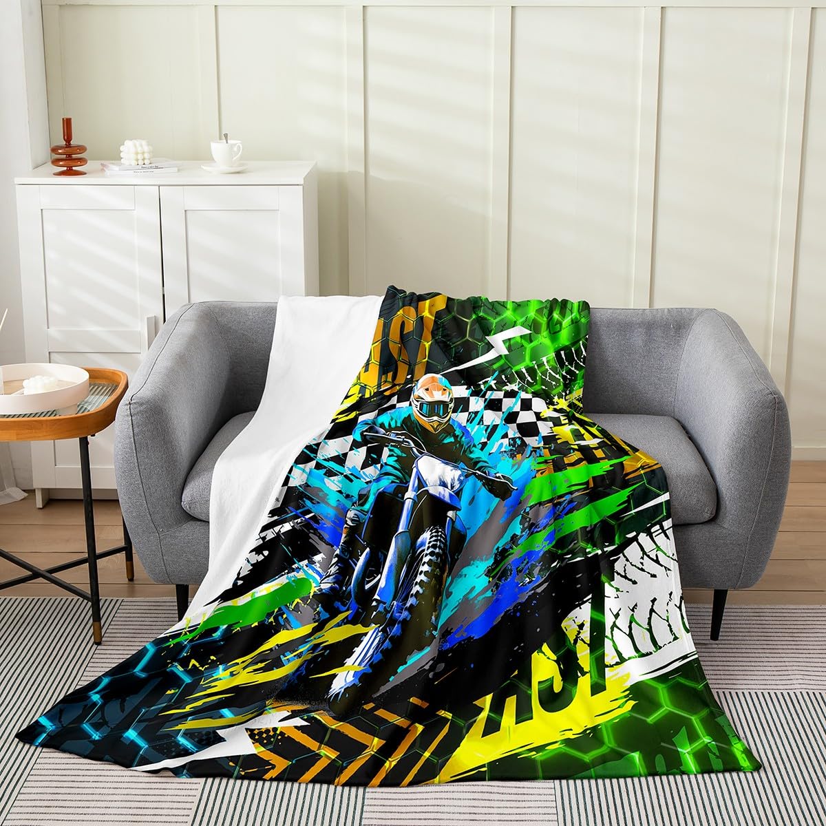 Dirt Bike Flannel Blanket Baby 30"x40" Kids Motocross Rider Plush Blanket for Boys Extreme Sports Motorbike Motorcycle Fuzzy Blanket Sports Competition All Season Bed Blanket Hexagonal Decor