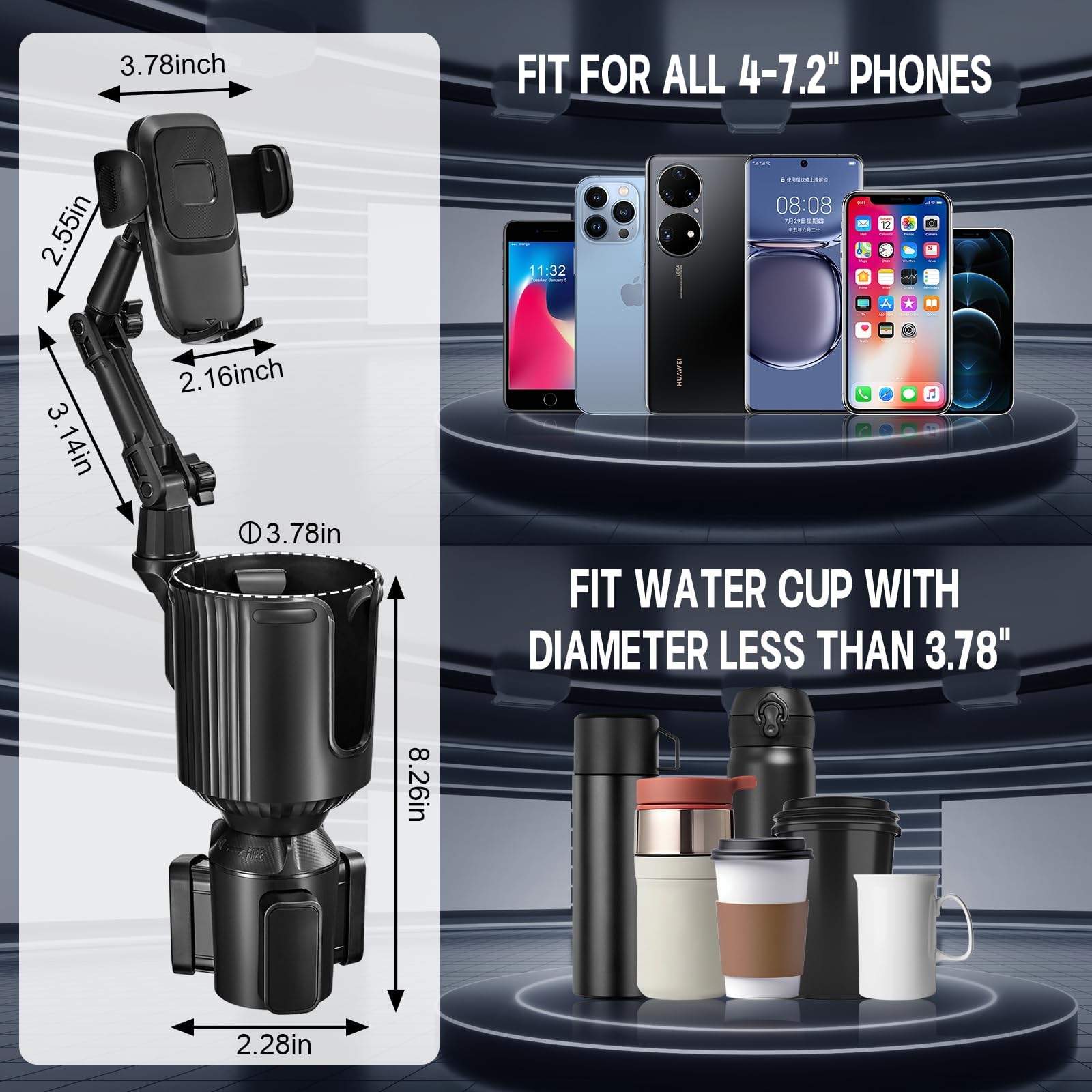 This Hill Upgraded Cup Holder Phone Mount, 2 in 1 Universal Adjustable Long Neck, Compatible with iPhone 14 Pro Max/SE/8/7/6, Samsung & All Smartphones, Black