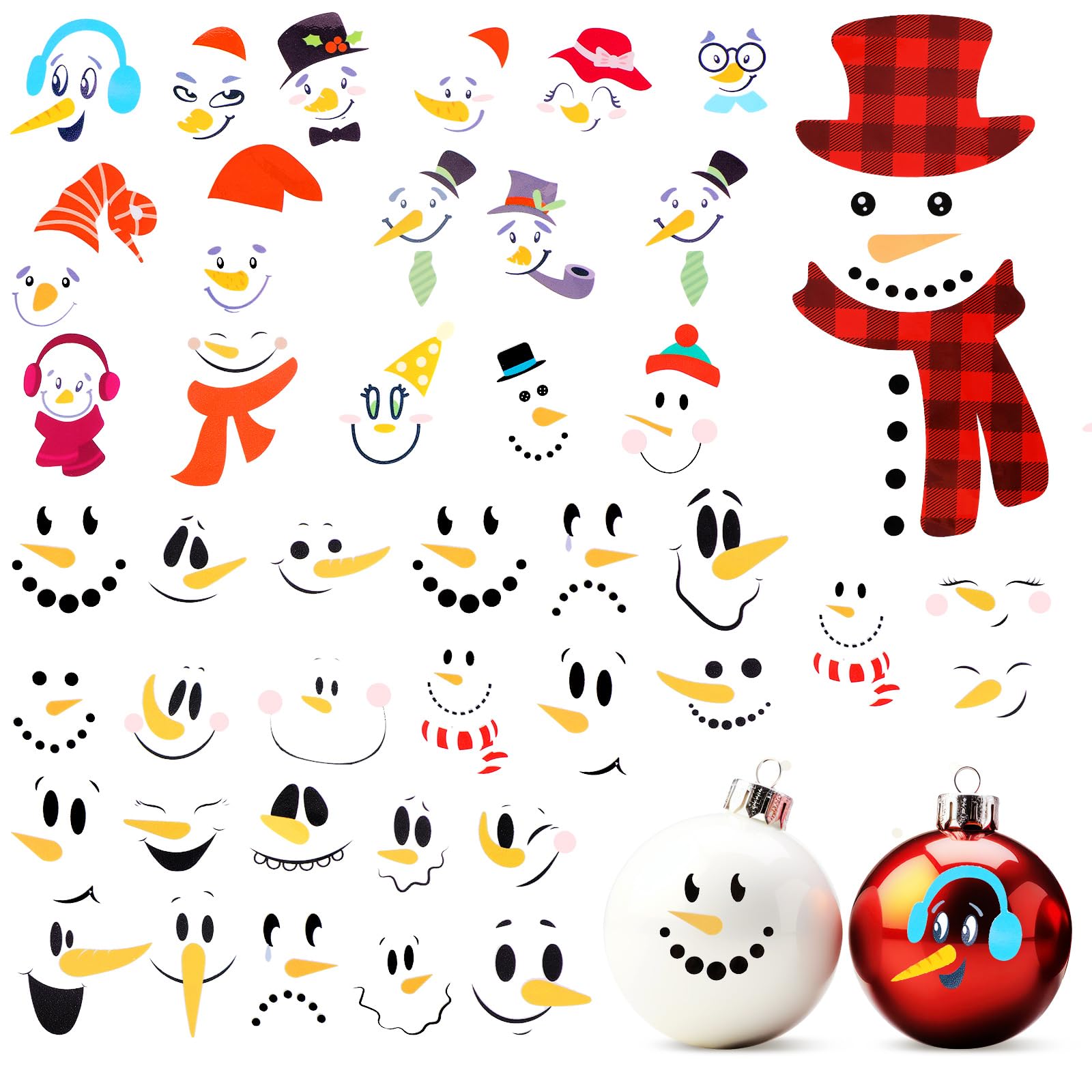 Photo 1 of 37 Pcs Snowman Face Christmas Craft Stickers, Vinyl Face Decals for DIY Making Christmas Snowman Ornament Decorations for Tree 2025, Snow Man Nose Eye Stickers Winter Crafts for Window, Glass Cups