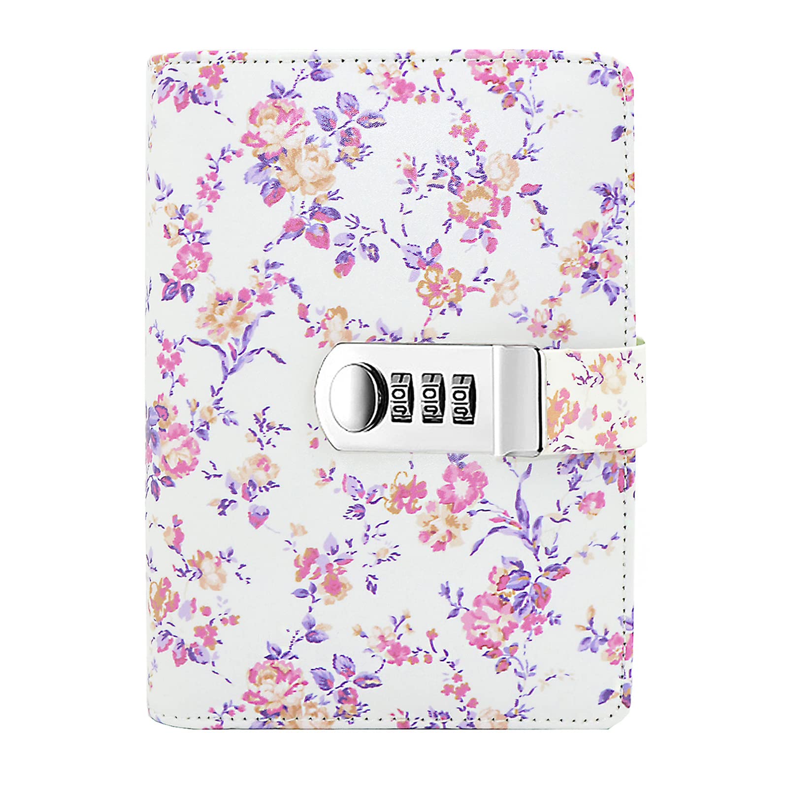 NectaRoy PU Leather Refillable Password Notebook Writing Journal Diary with Combination Lock, Flora Pattern Loose-Leaf Lined Daily Notepad Personal Sketchbook with Card Slots, Size 185x135mm