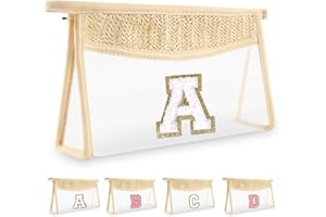 UIXIZQ Personalized Initial Letter Bag Boho Straw Clear Makeup Bag,Small Cute Chenille Varsity Letter Bag With Zipper,Beach Travel Toiletry Bag,Portable Monogrammed Cosmetic Bag for Women Girls,A