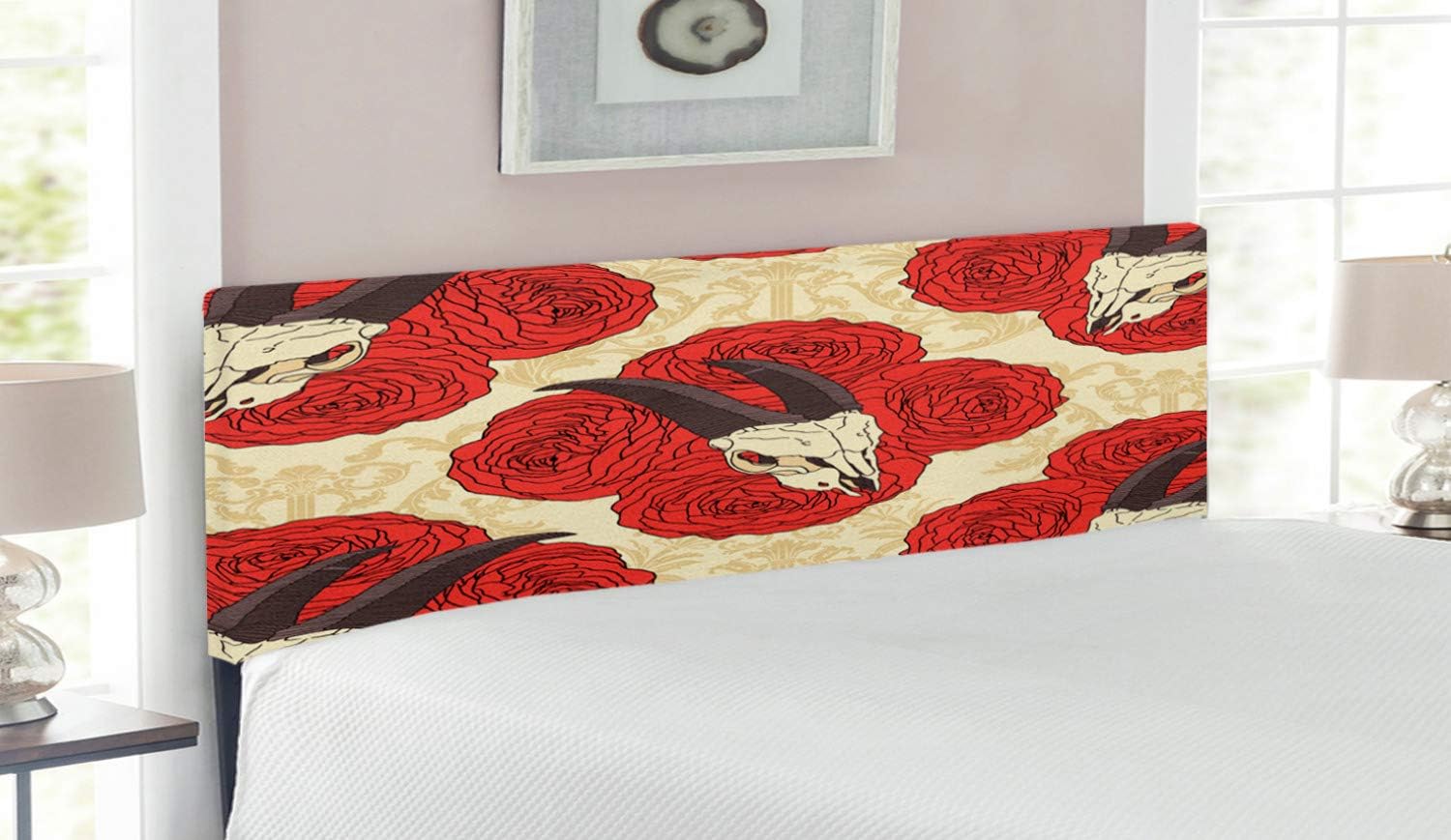 Lunarable Gothic Headboard for Queen Size Bed, Goat Skull on Red Roses