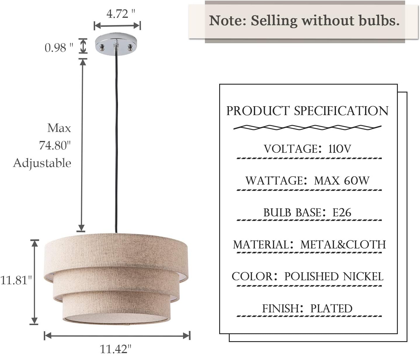 Rustic Pendant Lighting with Grey Linen Fabrics Lampshade Drum Pendant Light Modern Chandelier Adjustable Hanging Light Fixture for Kitchen, Foyer, Dining Room, Entryway Hallway Polished Nickel Finish: Home Improvement