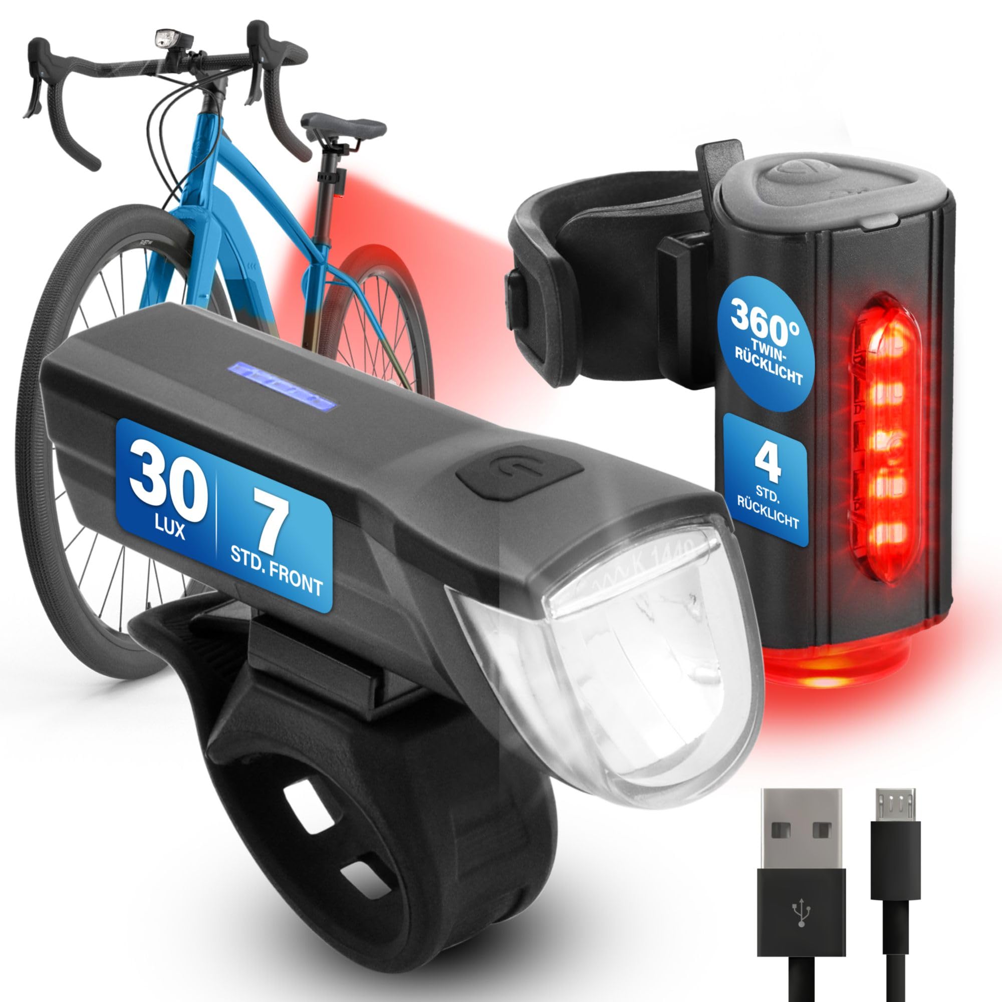 Fischer LED lighting set, with 360° floor light for more visibility and protection, rechargeable batteries with USB.