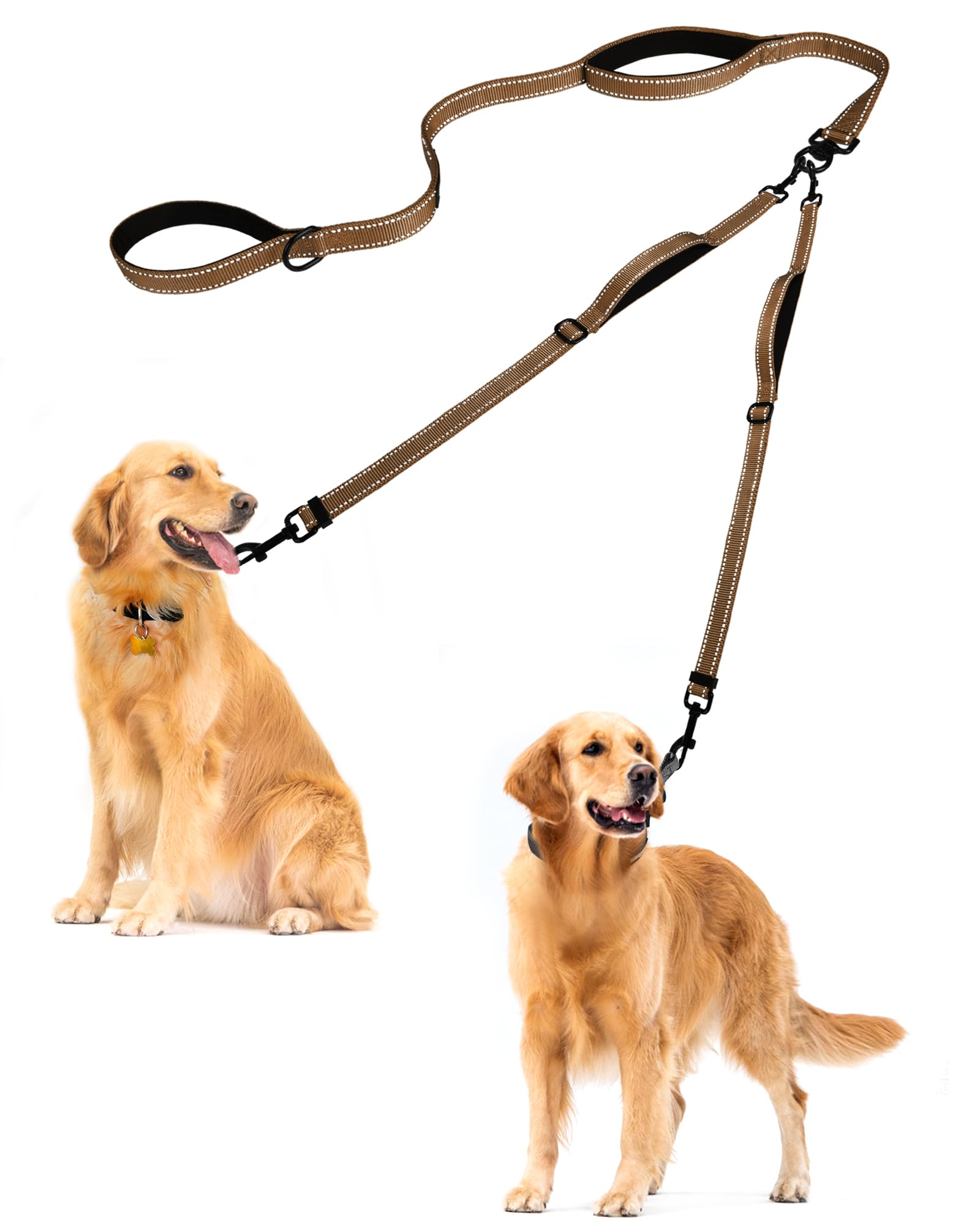 PetBonus Double Dog Leash, No Tangle Dual Leash, Reflective Walking Training Lead, 4 Comfortable Padded Handles for 2 Dogs with Collapsible Bowl and Waste Bags (Brown, Large)