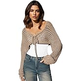 Womens Long Sleeve Crochet Shrug Tie Front Cropped Cardigan Sweaters Knit Bolero Outwear Tops